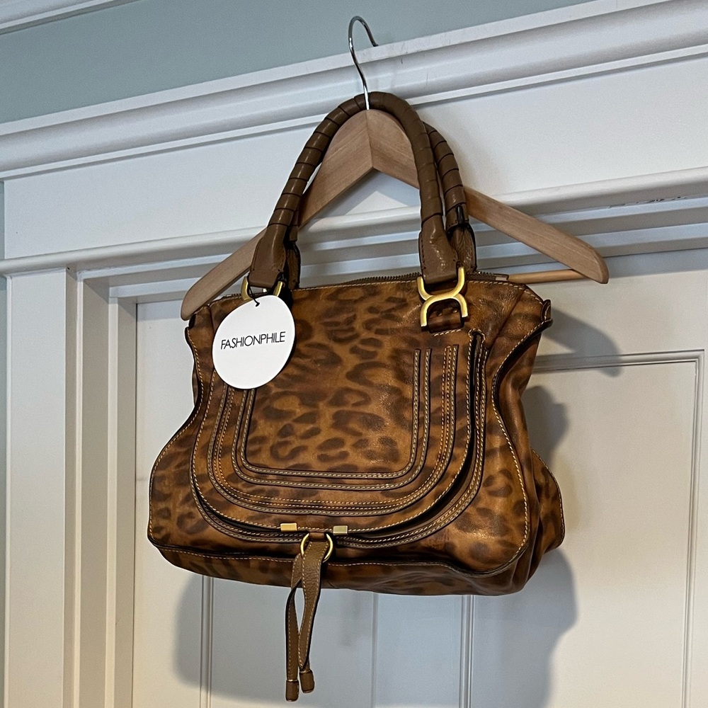 CHLOE Calfskin Leopard Print Medium Marcie Satchel Brown -Vintage -Authenticated - Picture 5 of 16